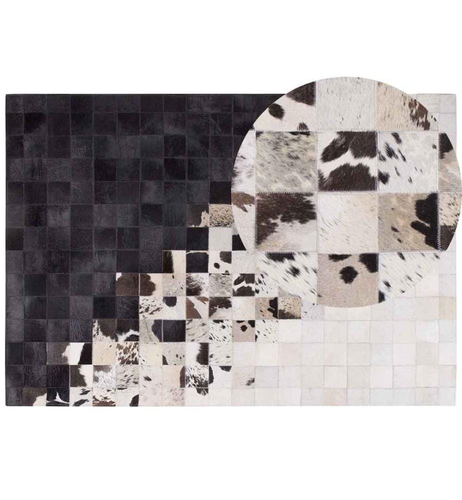 Teppich Weiss Schwarz Echtleder 160 x 230 cm Kurzflor Quadrate Handgefertigt Rechteckig
