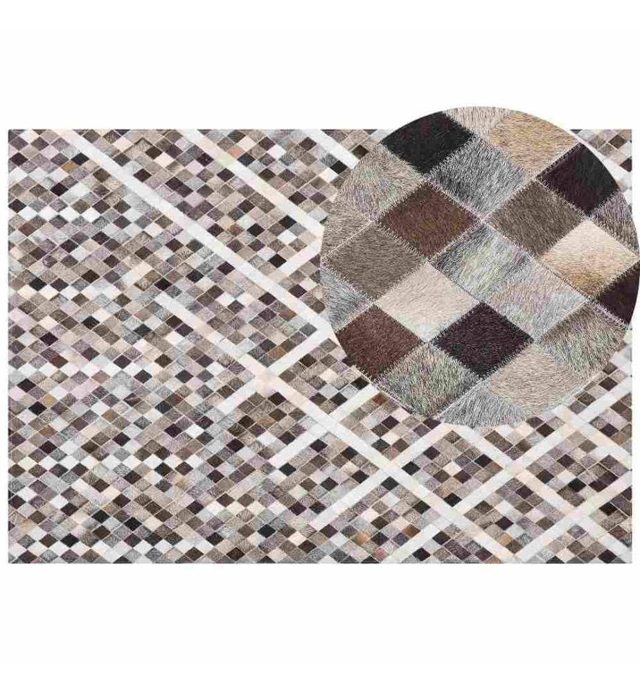 Teppich Grau Braun Echtleder 160 x 230 cm Kurzflor Geometrisches Muster Modern Handgefertigt Rechteckig