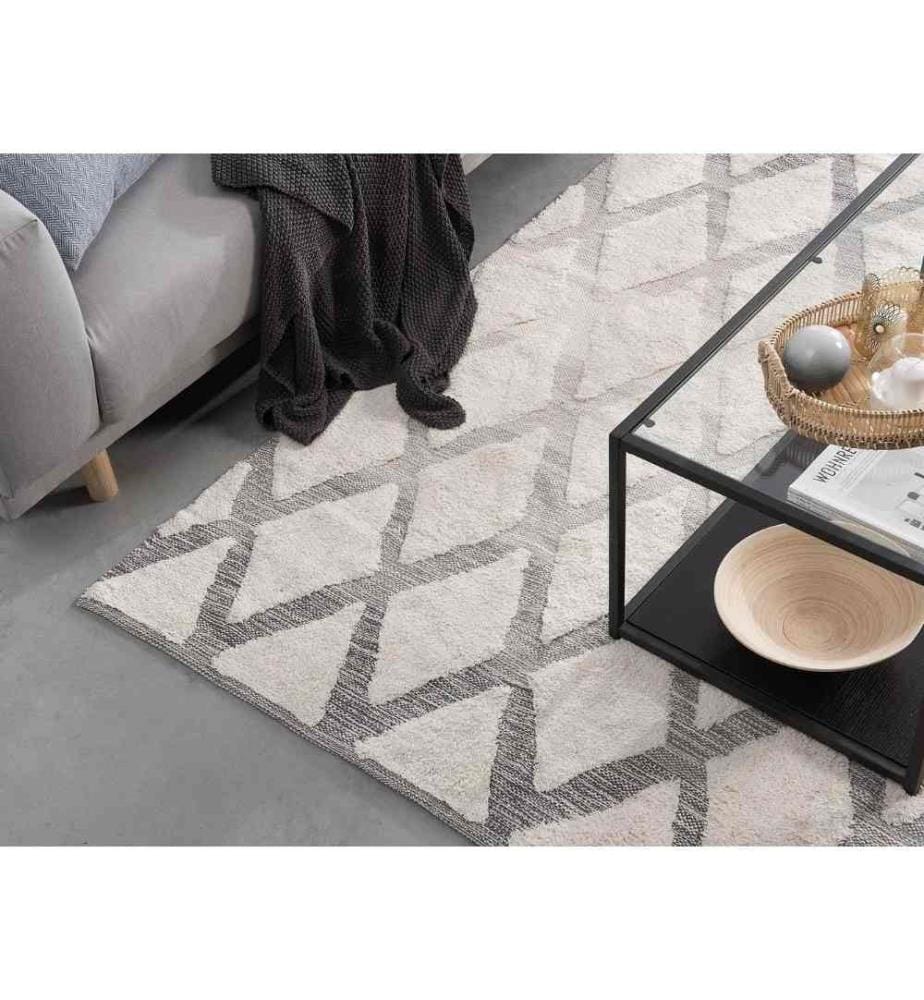 Tapis Rectangulaire Beige et Gris en Coton pour Chambre ou Salon Moderne 140 x 200 cm