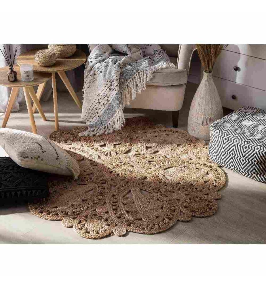 Tapis Rond Beige en Jute Tressée 120 cm Effet Broderie pour Chambre et Salon au Style Bohème Campagnard