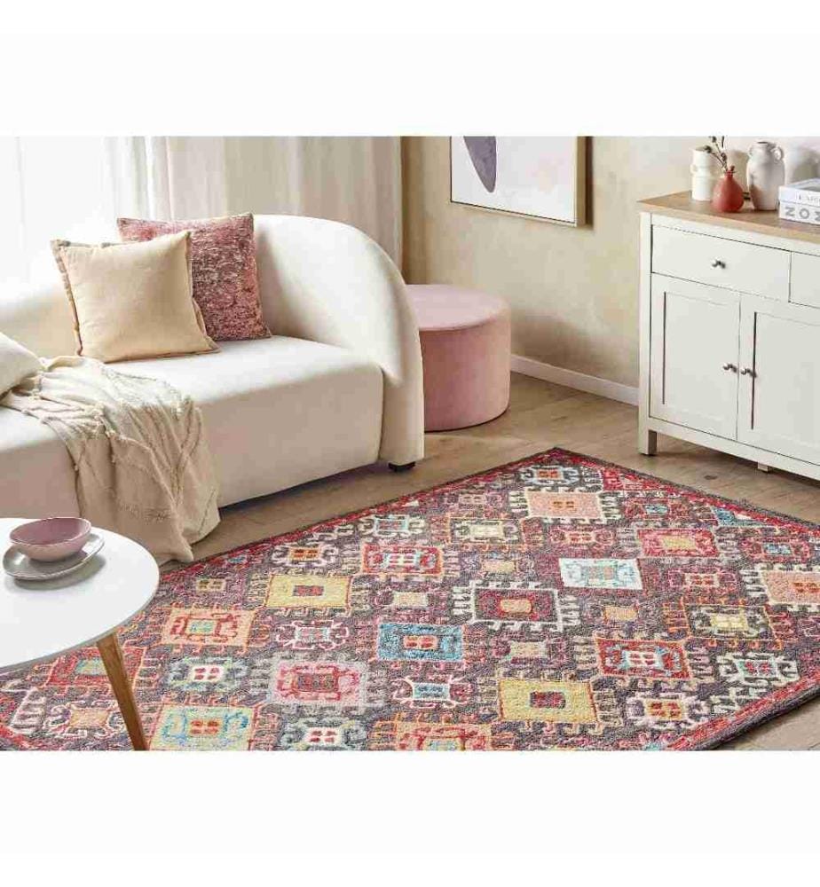 Teppich Mehrfarbig Wolle 140 x 200 cm Kurzflor Orientalisches Muster Rechteckig Wohnzimmer Schlafzimmer Flur