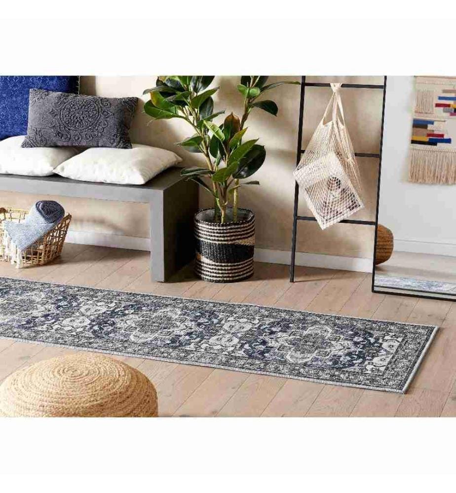 Tapis Gris et Bleu en Polyester 60 x 200 cm Rectangulaire Dessous Anti-Dérapant Convient au Chauffage par le Sol Style Rétro