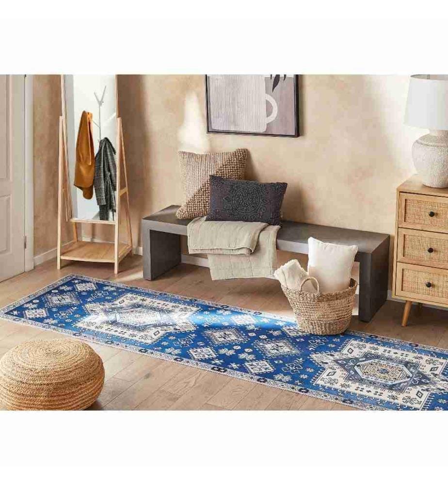 Teppich Blau / Beige Polyester 80 x 300 cm Kurzflor mit geometrischem Muster Maschinengewebt Rechteckig Wohnzimmer Flur Modern