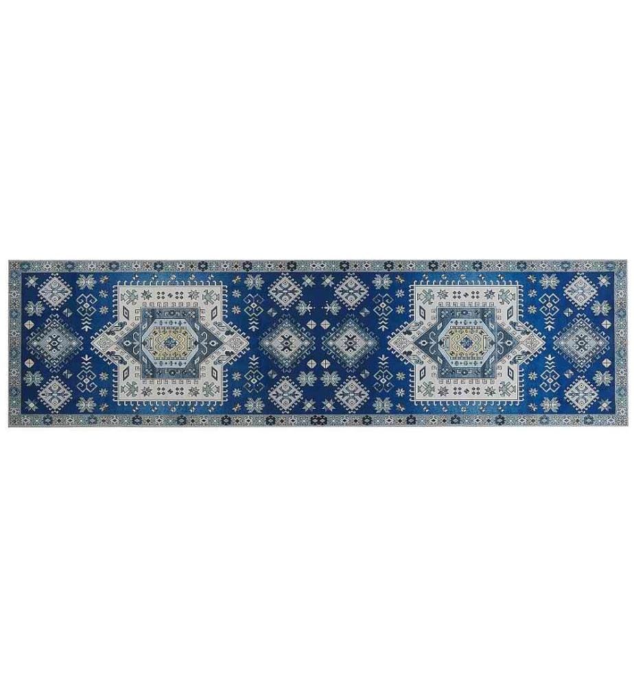Teppich Blau / Beige Polyester 80 x 300 cm Kurzflor mit geometrischem Muster Maschinengewebt Rechteckig Wohnzimmer Flur Modern