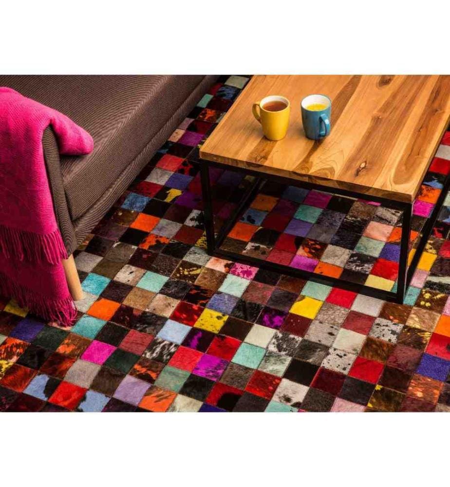 Teppich Bunt Dunkel Echtleder Wollfilz 160 x 230 cm Kurzflor Patchwork Handgefertigt Rechteckig