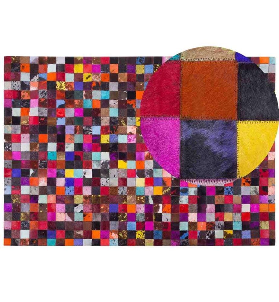 Teppich Bunt Dunkel Echtleder Wollfilz 160 x 230 cm Kurzflor Patchwork Handgefertigt Rechteckig