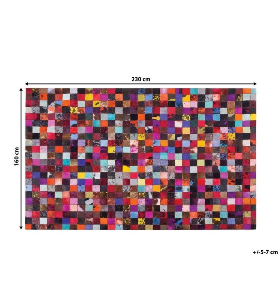 Teppich Bunt Dunkel Echtleder Wollfilz 160 x 230 cm Kurzflor Patchwork Handgefertigt Rechteckig