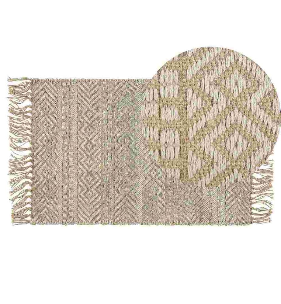 Tapis 50x80 cm à Motifs Géométriques Beiges en Jute et Coton avec Franges pour Chambre et Salon au Style Boho et Campagne Petit Format