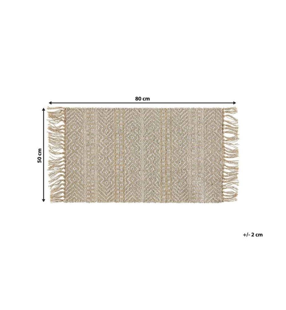 Tapis 50x80 cm à Motifs Géométriques Beiges en Jute et Coton avec Franges pour Chambre et Salon au Style Boho et Campagne Petit Format