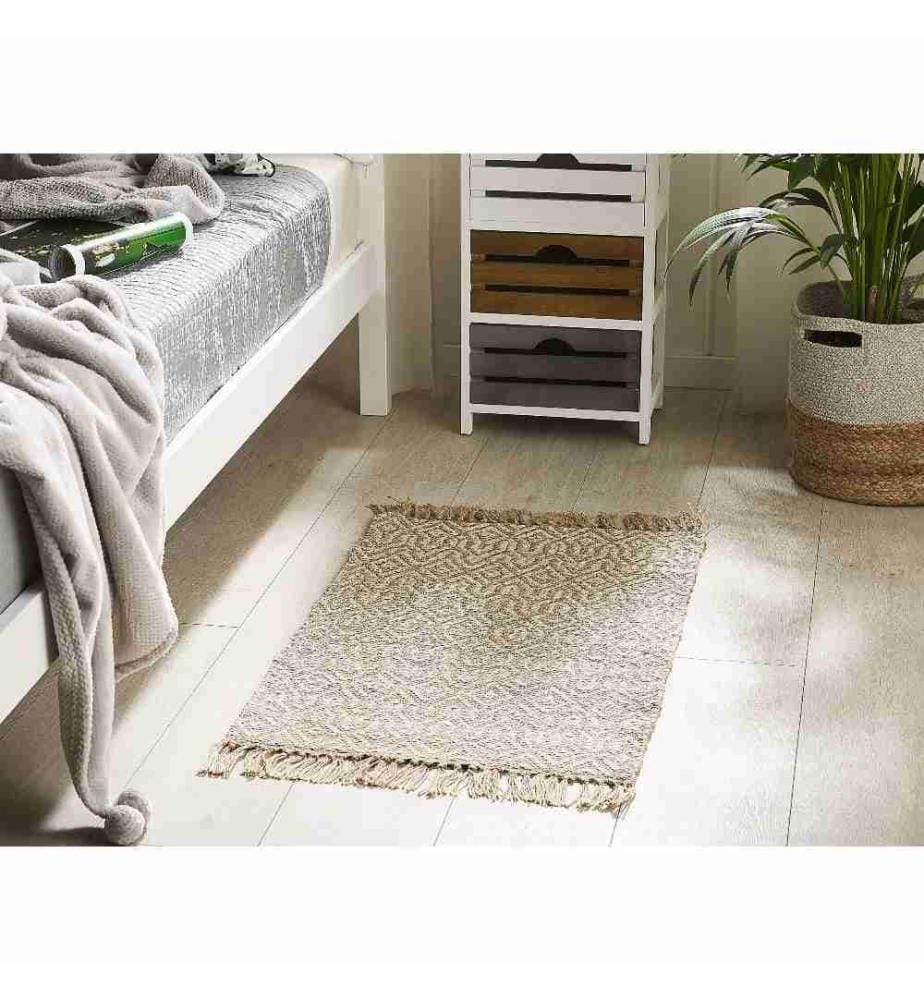 Teppich Beige Jute und Baumwolle 50x80 cm zweiseitig Kurzflor Boho Stil Handgewebt rechteckig Wohnzimmer Schlafzimmer Flur Diele