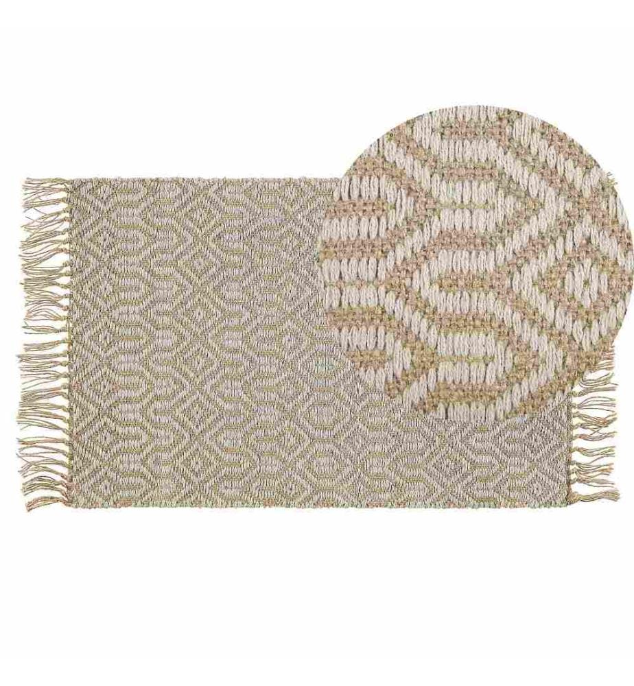 Teppich Beige Jute und Baumwolle 50x80 cm zweiseitig Kurzflor Boho Stil Handgewebt rechteckig Wohnzimmer Schlafzimmer Flur Diele