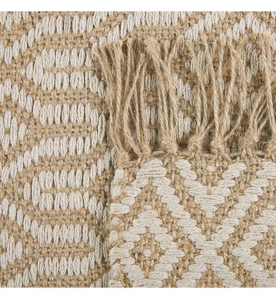 Teppich Beige Jute und Baumwolle 50x80 cm zweiseitig Kurzflor Boho Stil Handgewebt rechteckig Wohnzimmer Schlafzimmer Flur Diele
