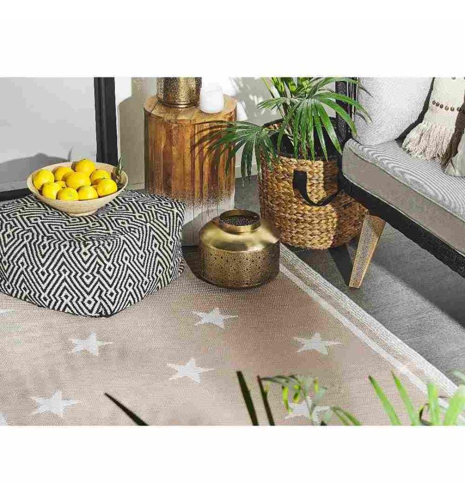 Outdoor Teppich Beige Weiss Polypropylen 120 x 180 cm Sterne Jacquardgewebt Rechteckig Kurzflor Gartenaccessoires Terrasse Balkon Wohnzimmer