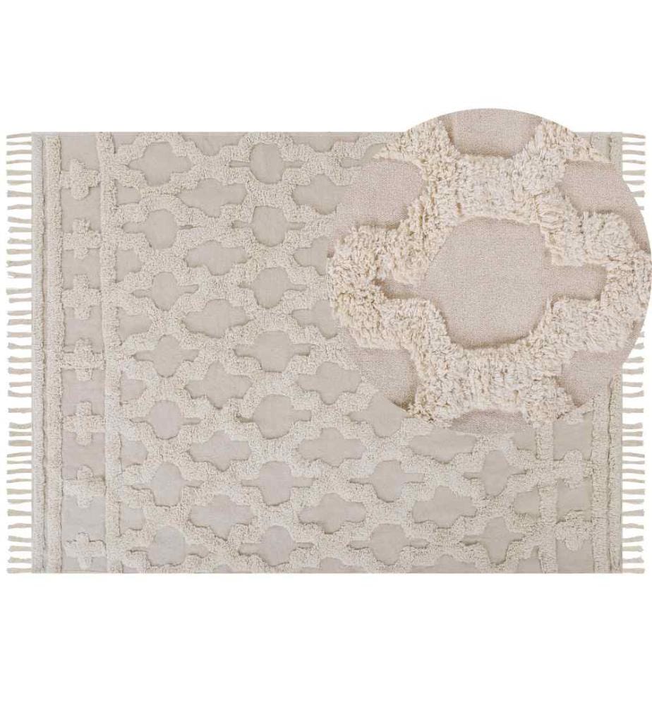 Tapis Beige en Coton 160x230cm Salon Touffeté avec Motif Géométrique pour Salon et Chambre Rectangulaire à Franges