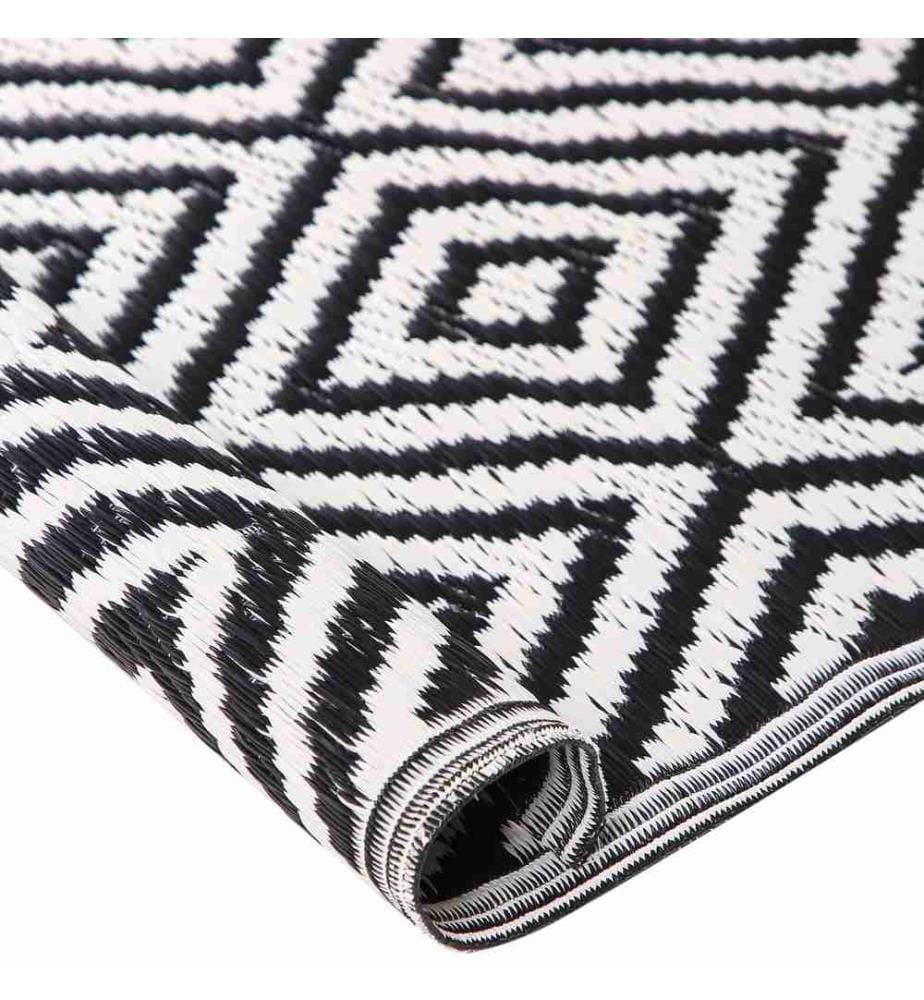 Tapis d'Extérieur Noir et Blanc en Polypropylène Motif Géométrique pour Terrasse au Style Moderne 150 x 200 cm
