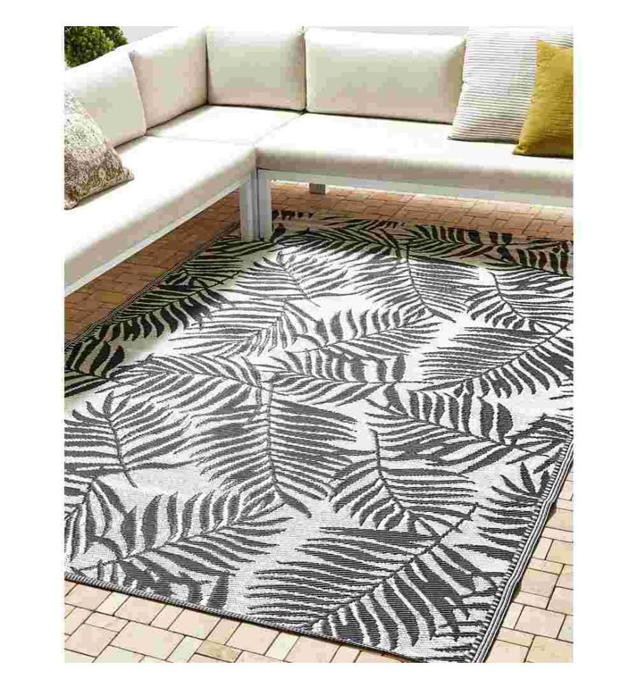 Outdoor Teppich Schwarz/Weiss Polypropylen 180x270 cm Palmen-Muster Jacquardgewebt Rechteckig Kurzflor Gartenaccessoires Terrasse Wohnzimmer