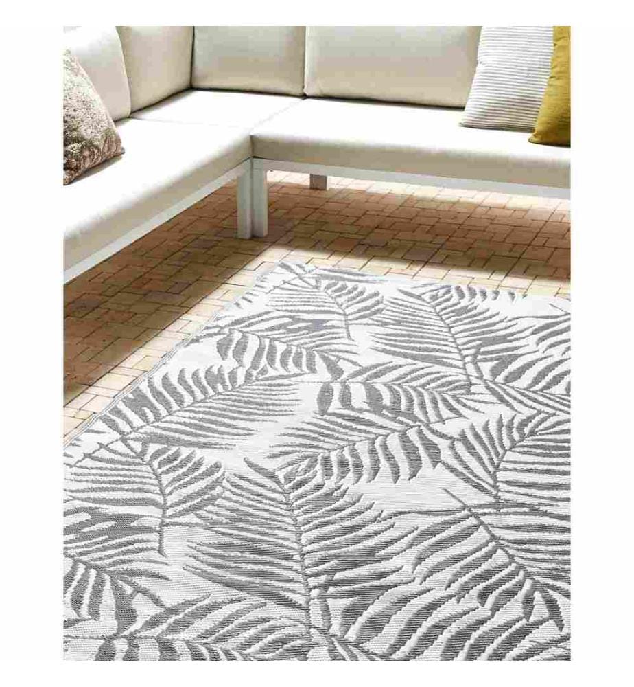 Outdoor Teppich Grau/Weiss Polypropylen 160x230 cm Palmen-Muster Jacquardgewebt Rechteckig Kurzflor Gartenaccessoires Balkon Wohnzimmer