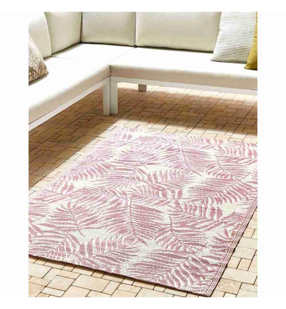 Outdoor Teppich Rosa/Weiss Polypropylen 120x180 cm Palmen-Muster Jacquardgewebt Rechteckig Kurzflor Gartenaccessoires Terrasse Wohnzimmer