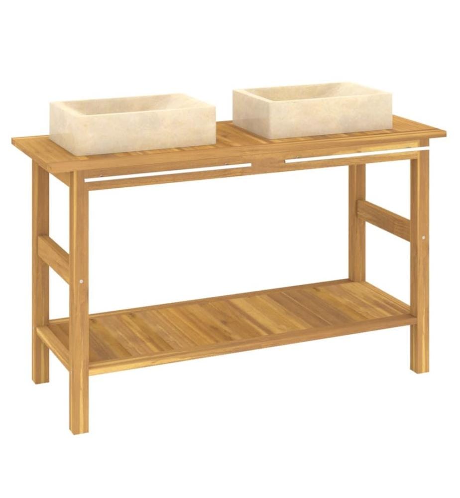 Armoire de salle de bain et lavabos en marbre crème Teck massif