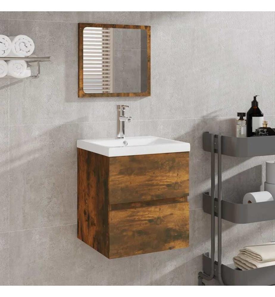 Armoire lavabo de salle de bain et bassin et miroir Chêne fumé