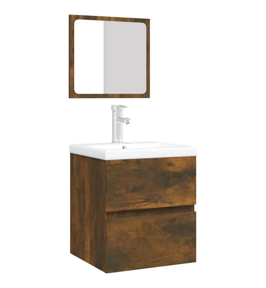 Armoire lavabo de salle de bain et bassin et miroir Chêne fumé