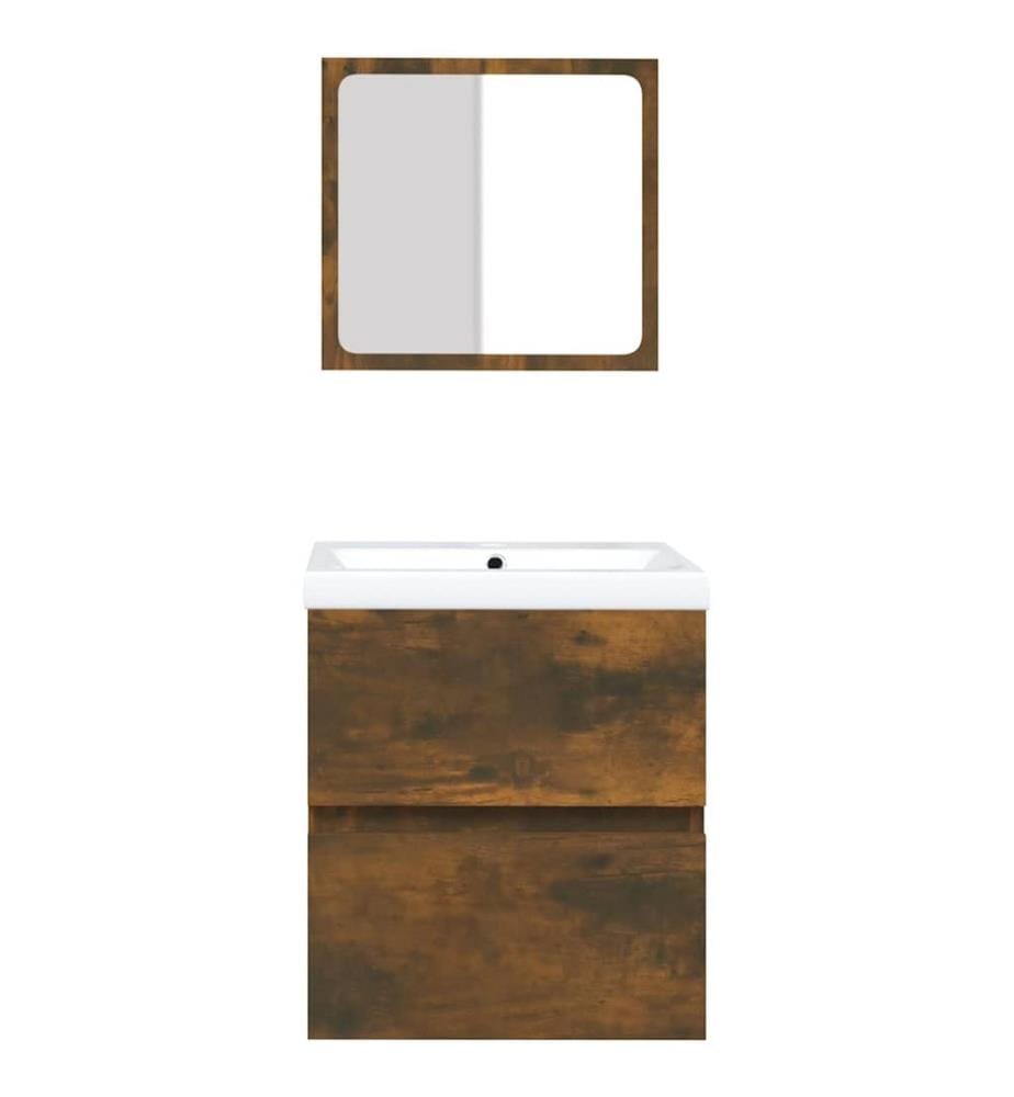 Armoire lavabo de salle de bain et bassin et miroir Chêne fumé