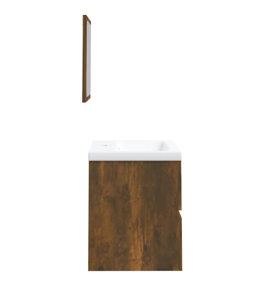 Armoire lavabo de salle de bain et bassin et miroir Chêne fumé