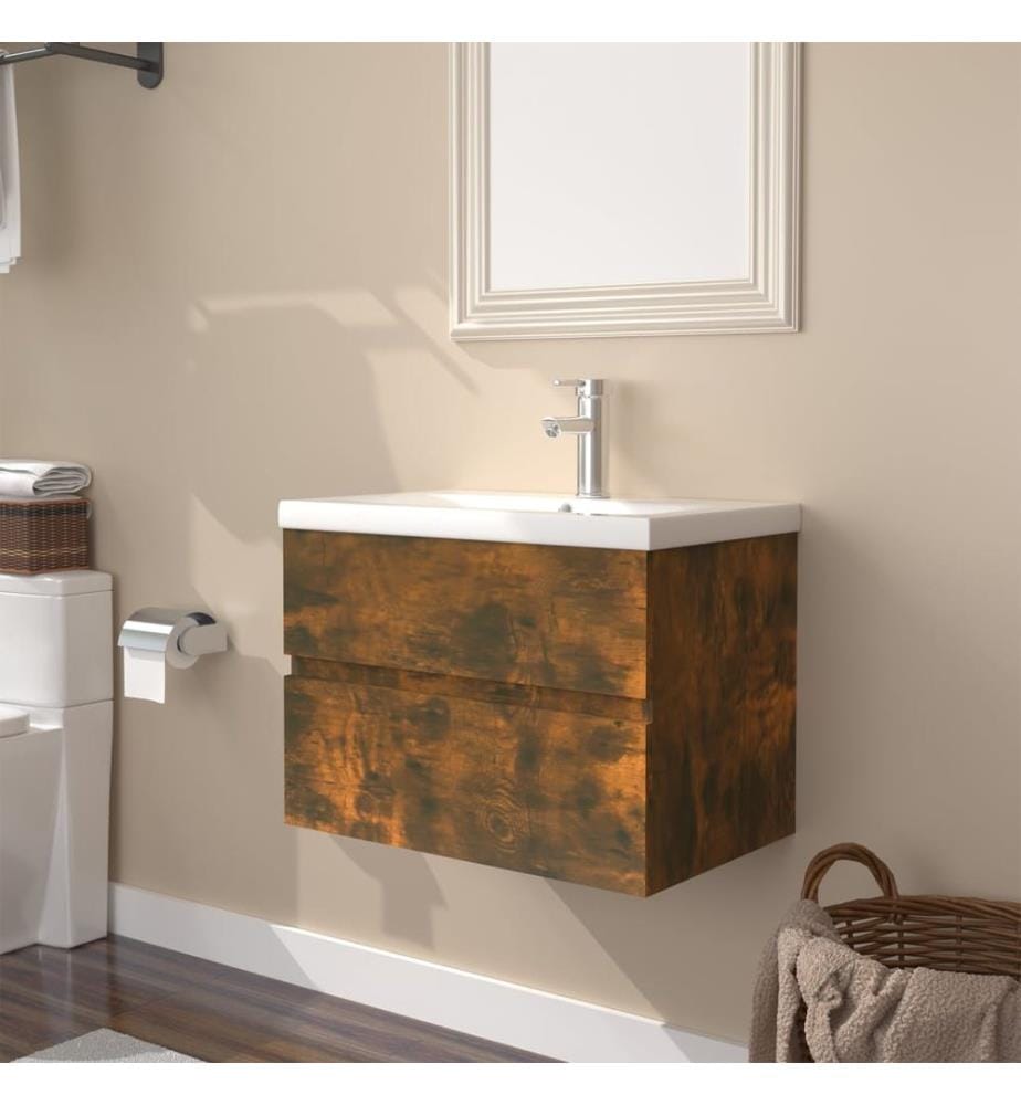 Meuble lavabo avec bassin intégré Chêne fumé Bois d'ingénierie