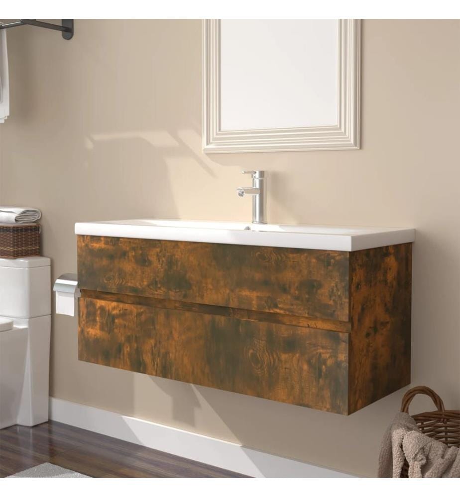 Meuble lavabo avec bassin intégré Chêne fumé Bois d'ingénierie