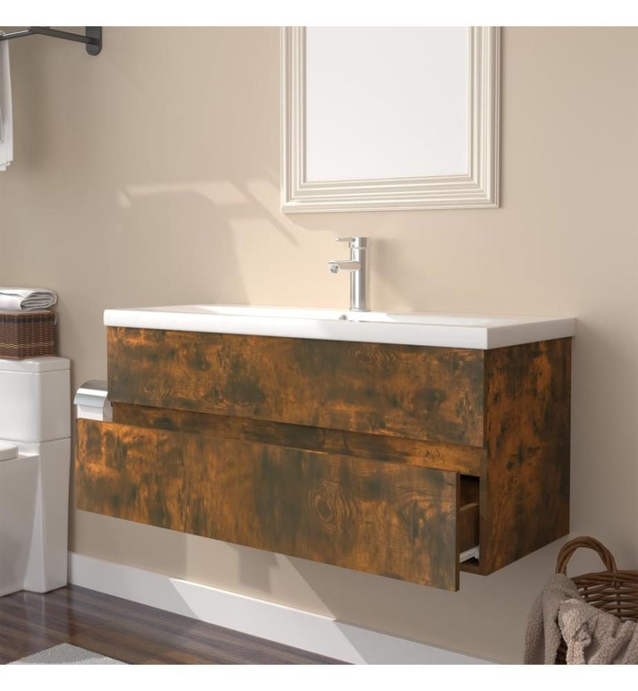 Meuble lavabo avec bassin intégré Chêne fumé Bois d'ingénierie