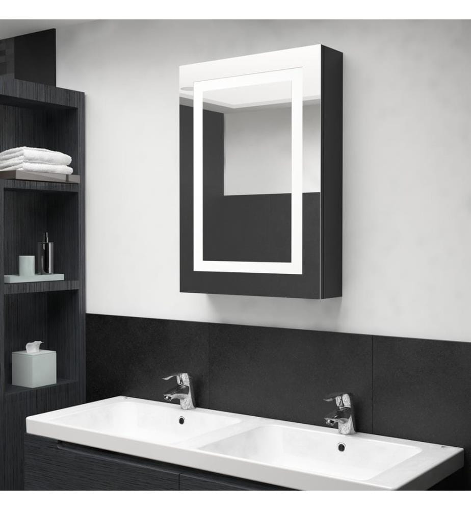 Armoire de salle de bain à miroir LED noir brillant 50x13x70 cm