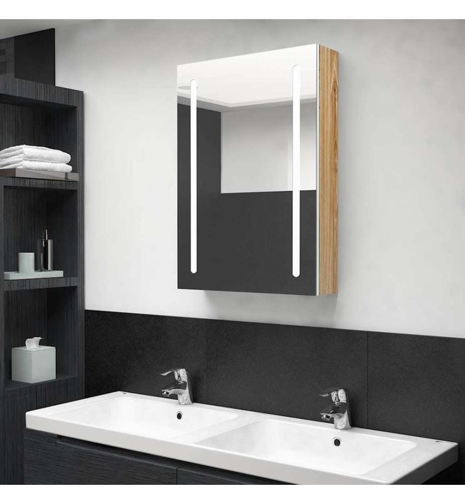 Armoire de salle de bain à miroir LED blanc et chêne 50x13x70cm