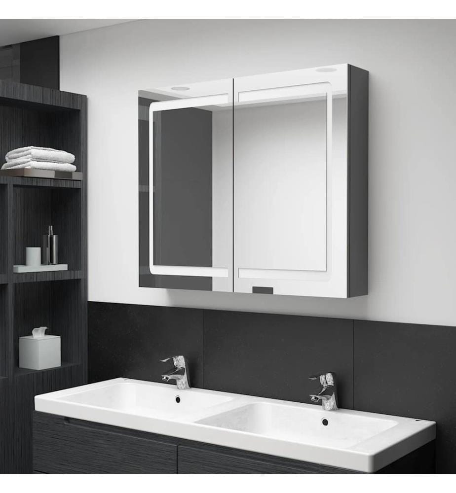 Armoire de salle de bain à miroir LED gris 80x12x68 cm