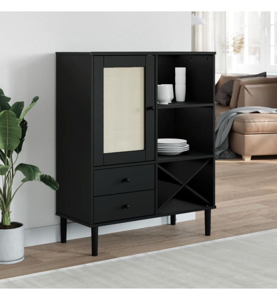 Buffet SENJA aspect rotin noir 90x40x112cm bois massif de pin