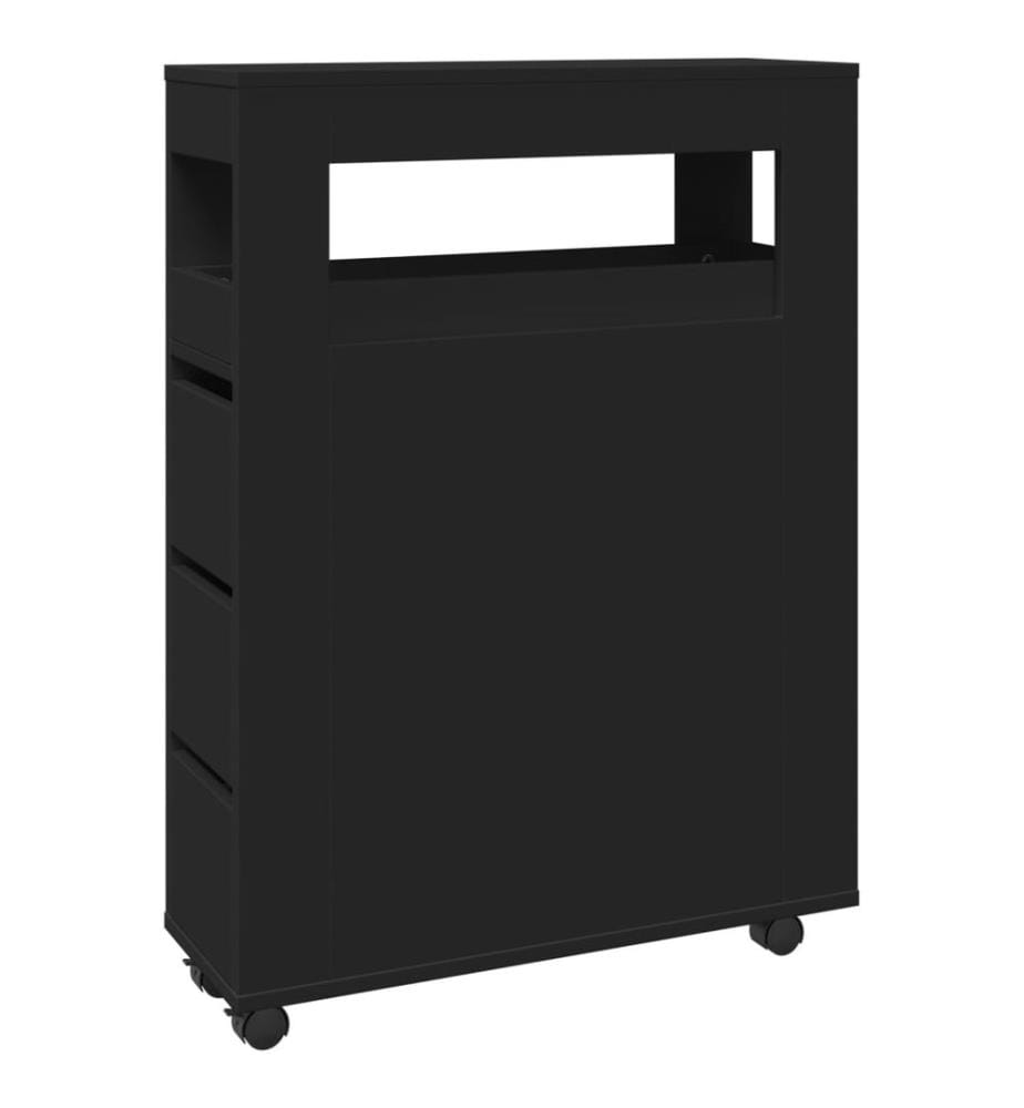 Badschrank Schmal mit Rollen Schwarz Holzwerkstoff