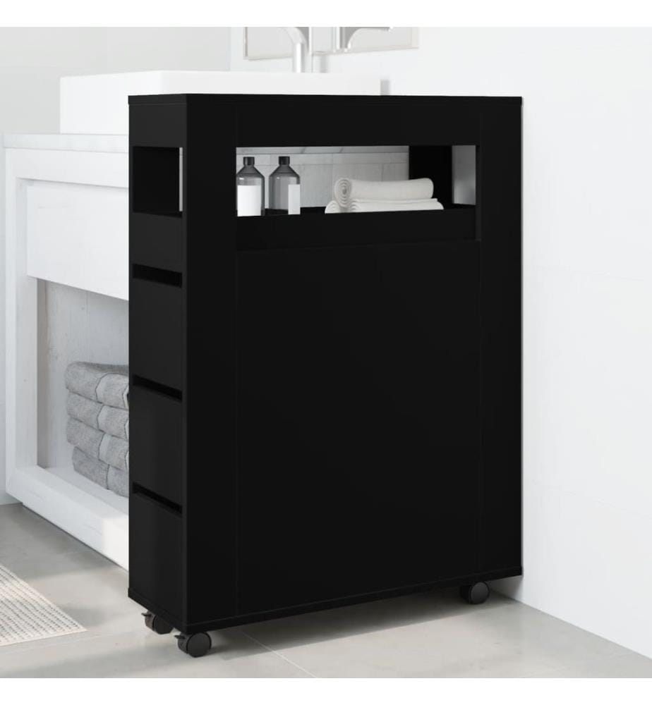 Badschrank Schmal mit Rollen Schwarz Holzwerkstoff