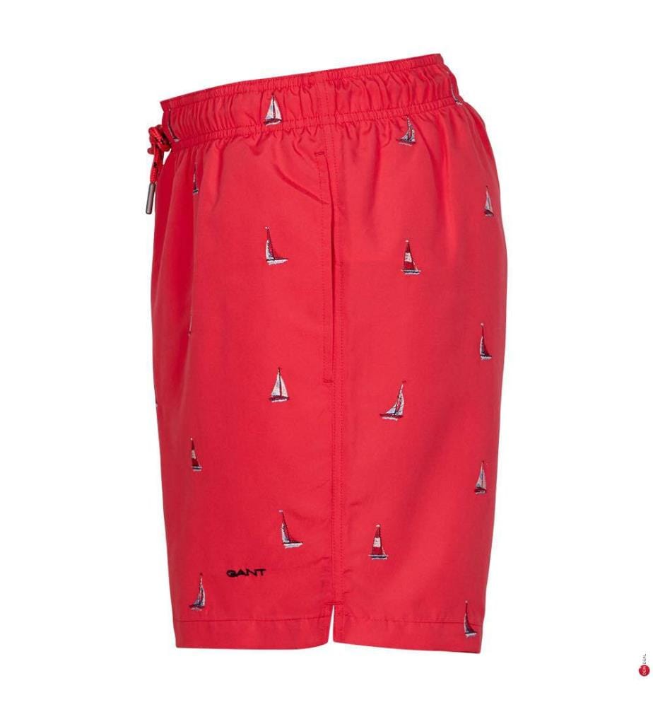 Short de bain à broderie bateau - rouge pastèque