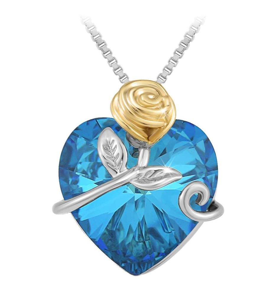 Collana con cuore e rosa ornata di cristalli scintillanti - Blu