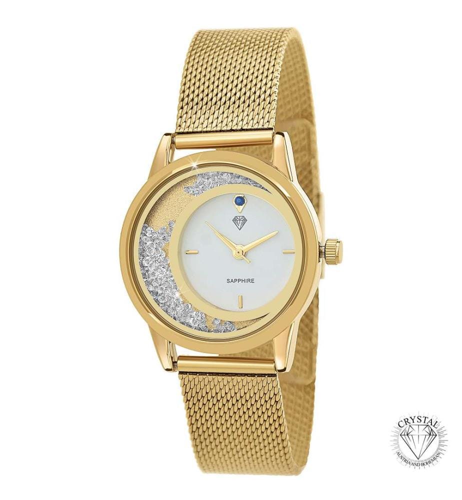 Orologio elegante impreziosito da uno zaffiro e da cristalli scintillanti - Oro
