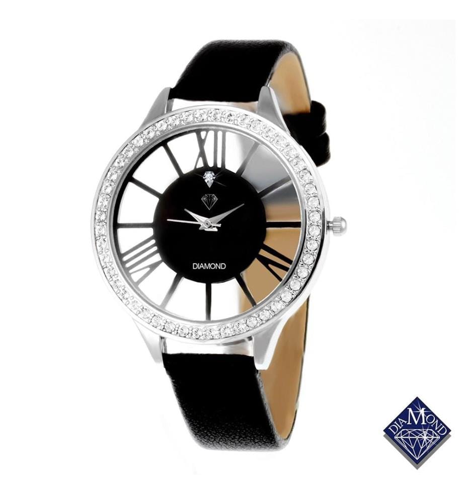 Lara watch adorned with a genuine diamond and sparkling crystals - Black