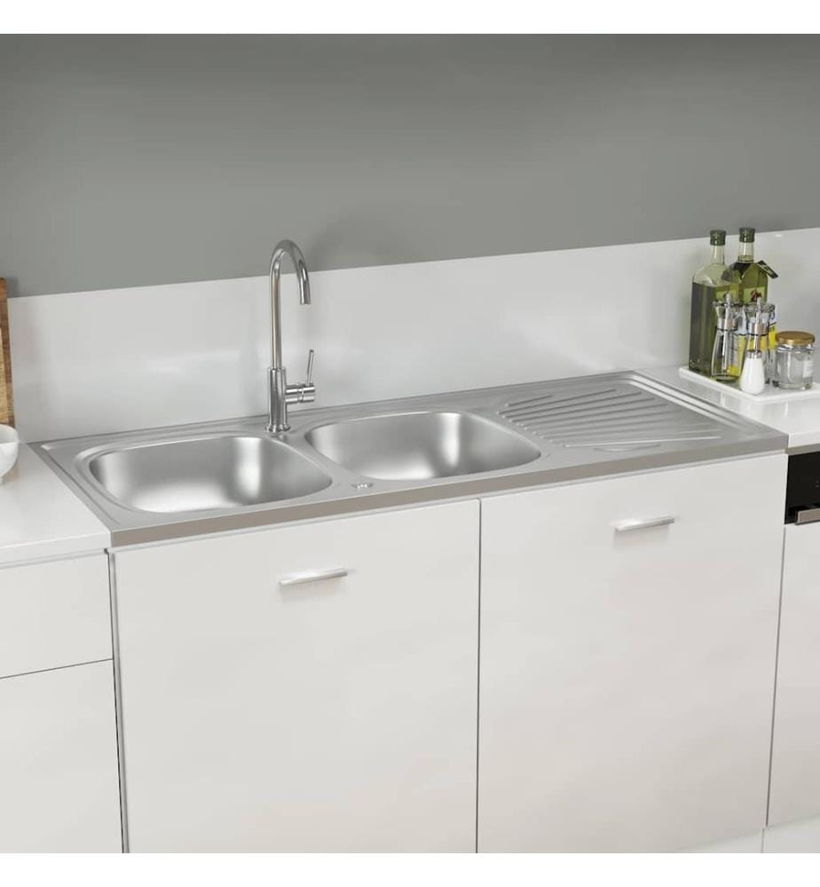 Évier de cuisine à double évier argenté 1200x600x155 mm inox