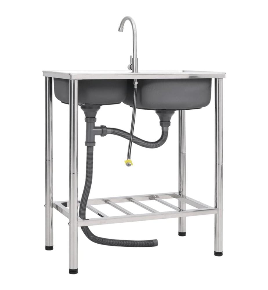 Évier de camping Double lavabo avec robinet Acier inoxydable