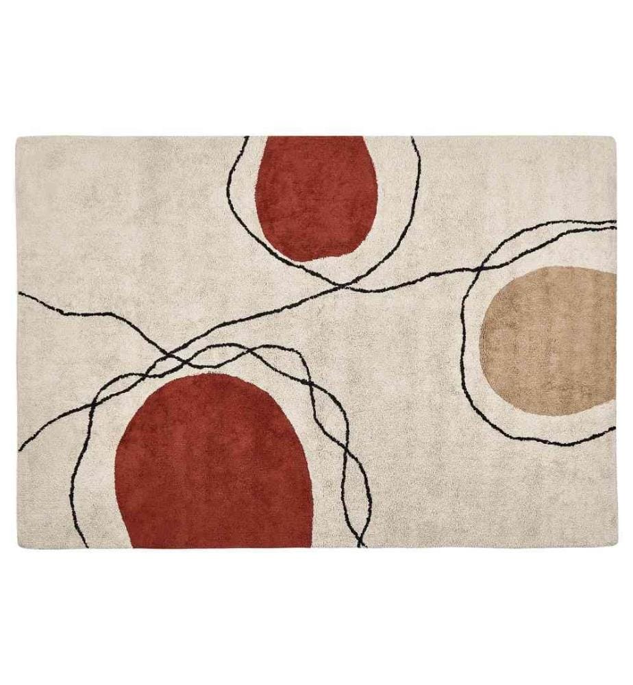 Teppich Beige und Rot Baumwolle 140 x 200 cm Abstraktes Muster Niedrigflor Modern Wohnzimmer Esszimmer Flur Schlafzimmer