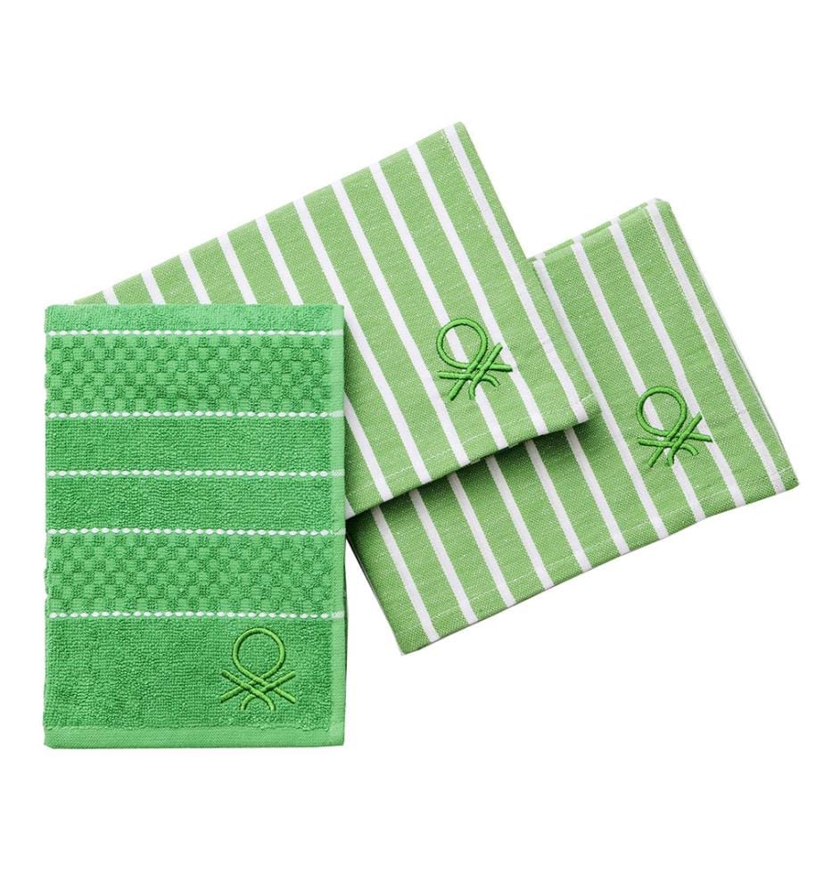 Ensemble 3 Pièces Serviettes et Torchons de Cuisine (1 Éponge 50 x 50cm + 2 Serviettes) Vert