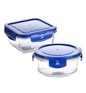 Set aus rundem luftdichten Behälter 570ml + quadratischem luftdichten Behälter 570ml mit blauen Deckeln