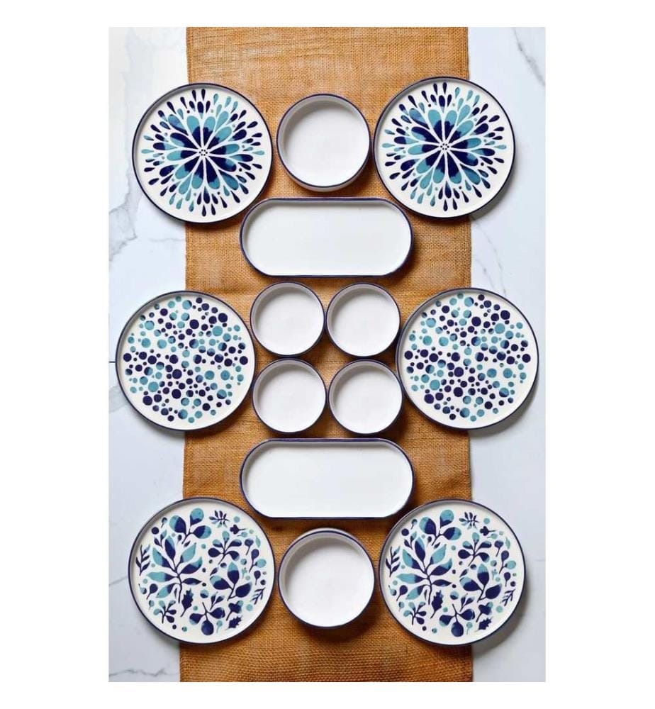 Frühstücksset, 14-teilig, blau, weiss, 100 % KERAMIK