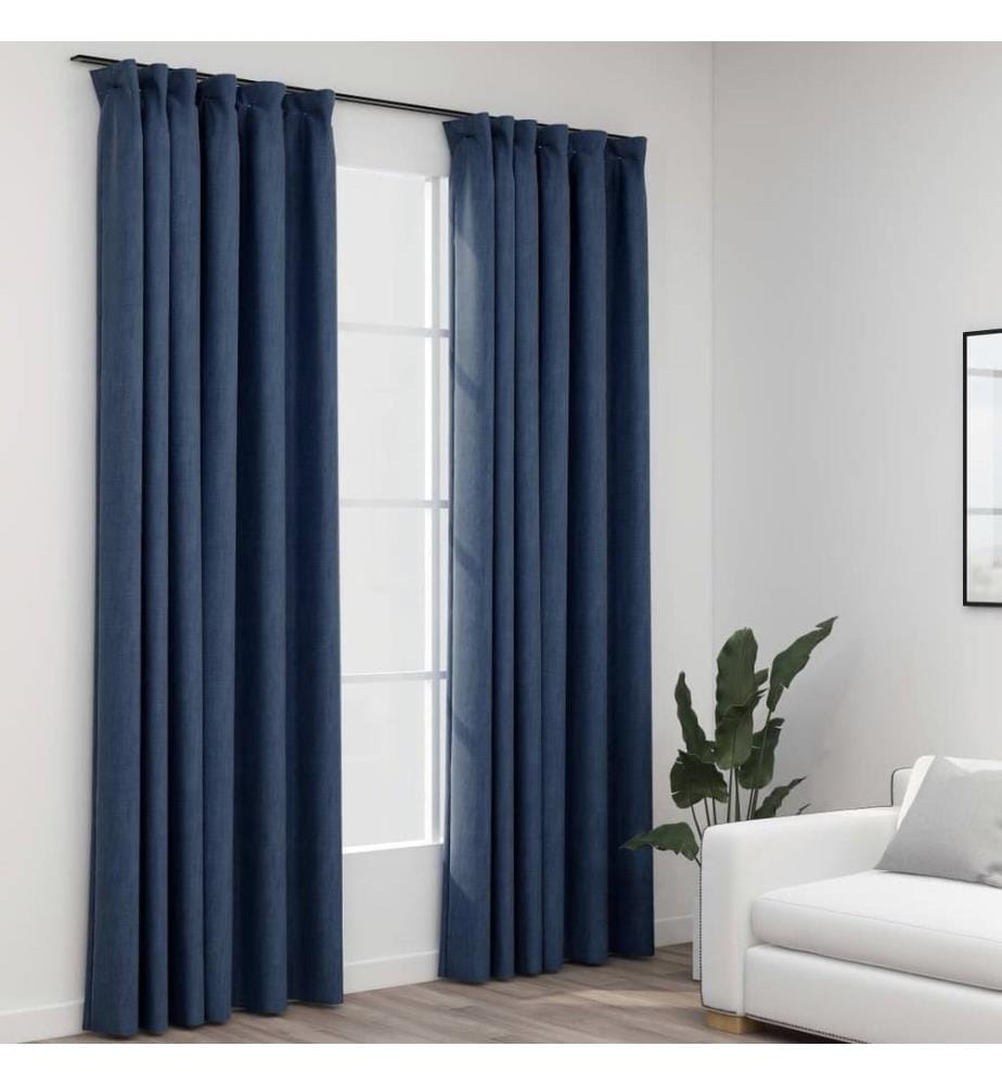 Rideaux occultants aspect lin avec crochets 2pcs Bleu 140x245cm