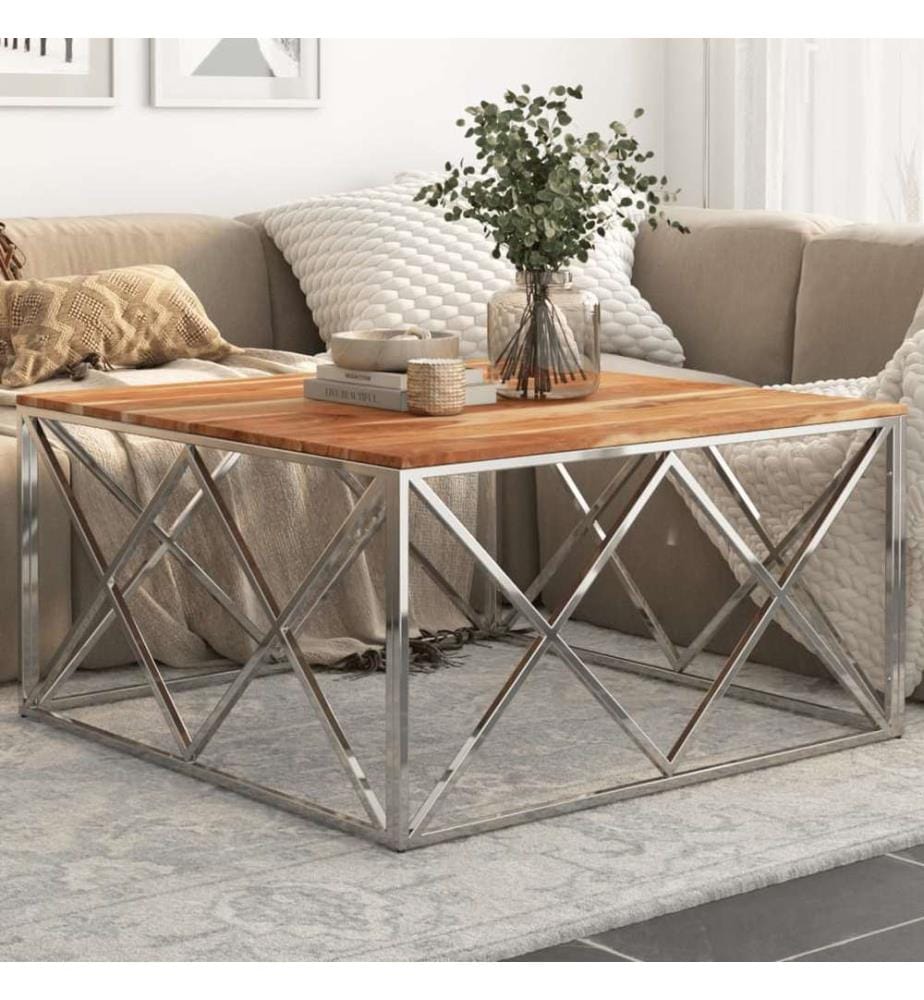 Table basse argenté acier inoxydable et bois massif d'acacia