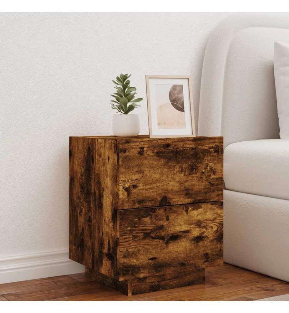 Armoire de chevet et lumières LED chêne fumé bois d'ingénierie
