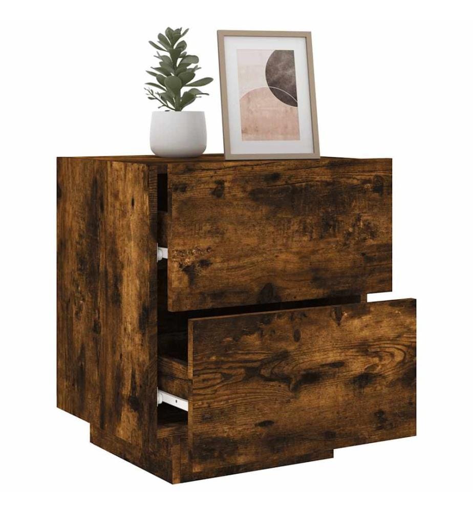 Armoire de chevet et lumières LED chêne fumé bois d'ingénierie